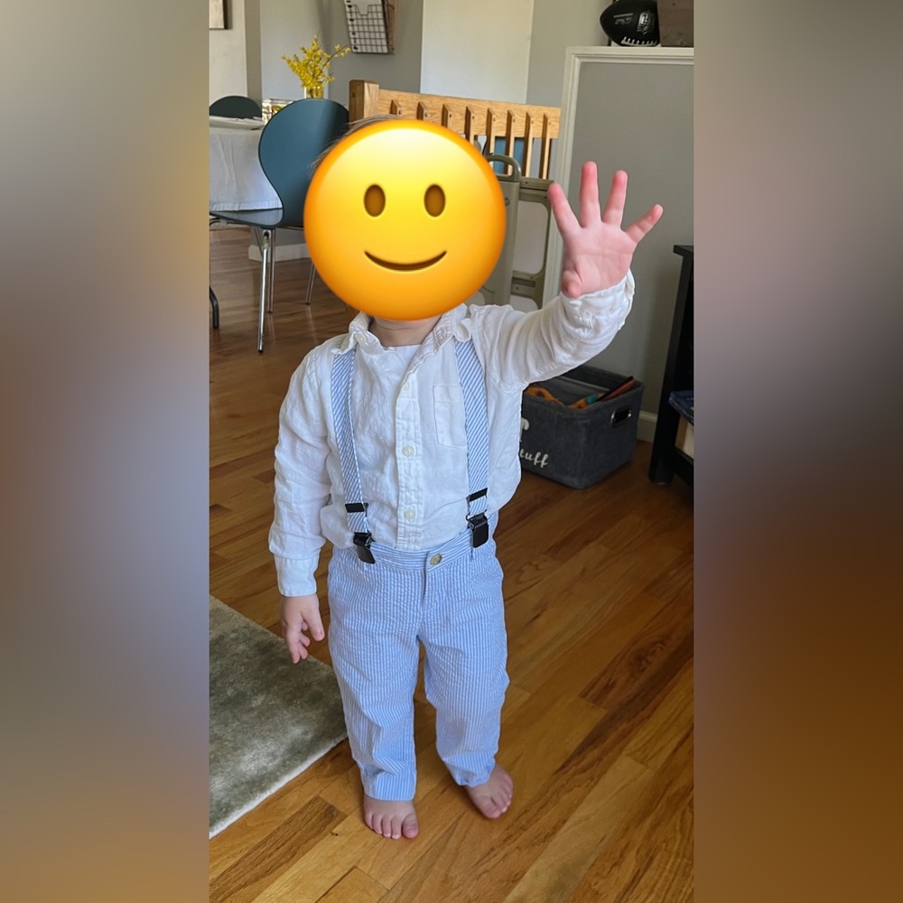 Janie and Jack white button down with seat sucker pants and suspenders